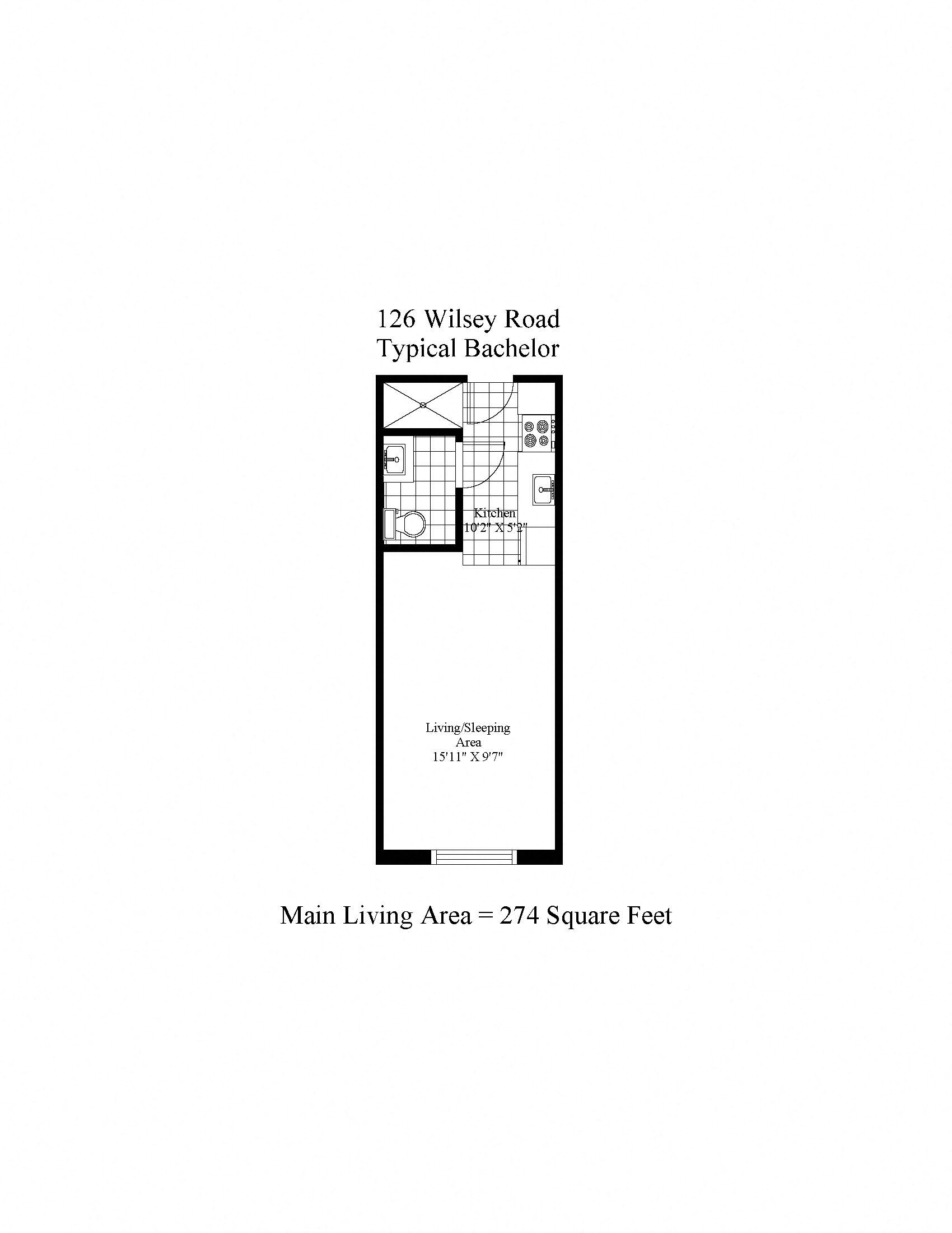 Floor plan for studio, 1 bath, 274 sqft